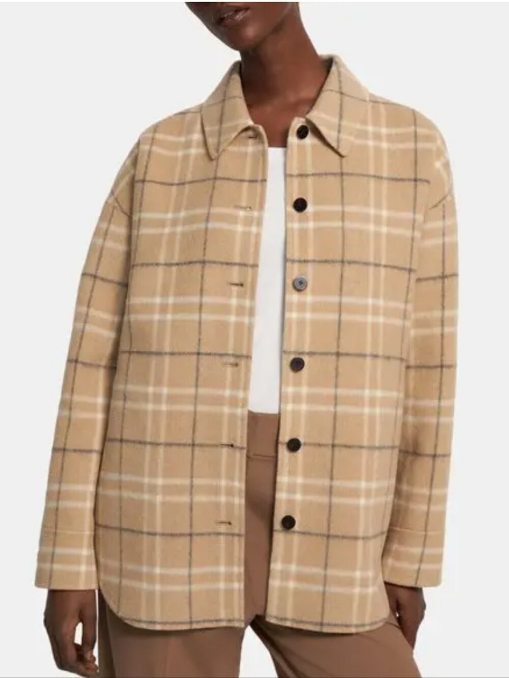 Theory Oversized Plaid Shirt Jacket In Recycled Wool Blend Camel